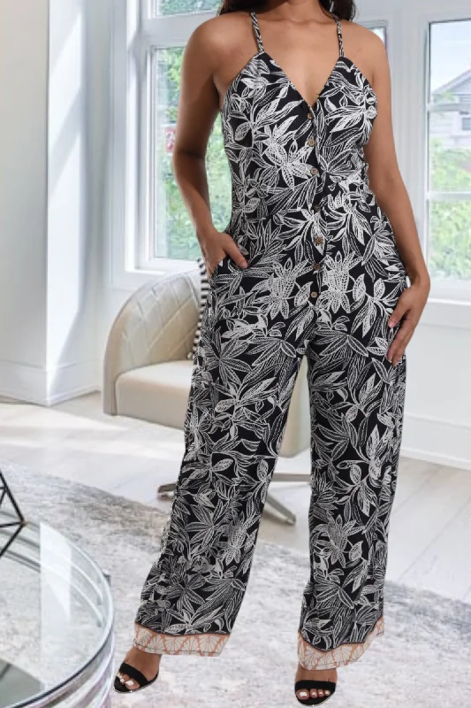 Ladies Black Printed Strappy Jumpsuit Wide leg denim jumpsuit, Street style, Casual, Comfortable