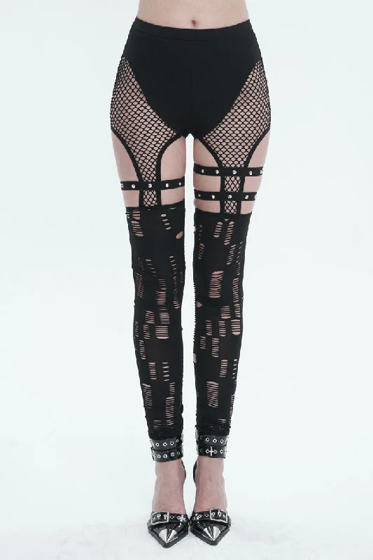 Black Elastic Asymmetrical Hole Knit Stitching Mesh Women's Punk Leggings Elegant Sheer Leggings