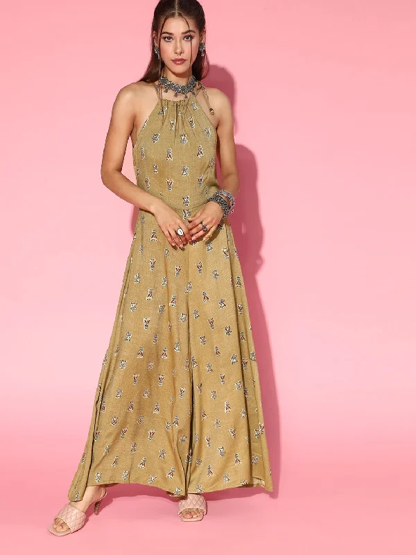 Women's Beige Cotton Printed Jumpsuit - Ahika Metallic jumpsuit, Glamorous, Fashionable, Elegant