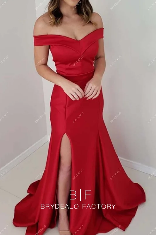 Red Satin Off Shoulder Sexy Slit Mermaid Prom Homecoming Dress Tunics Short Trendy