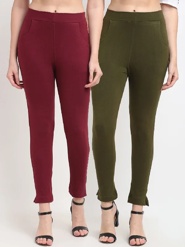 TAG 7 Women Maroon & Olive Green Pack of 2 Leggings Trendy Color Block Leggings