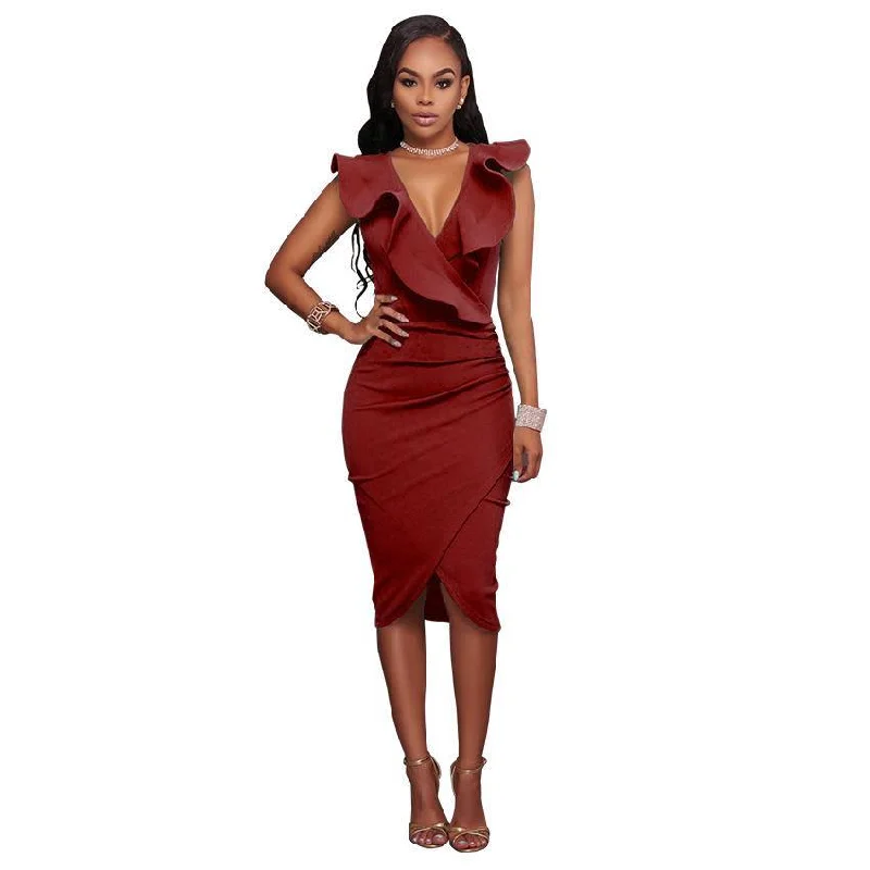 Sexy V-neck Ruffled Sleeveless Sheath Dresses Cowl Neckline Elegant