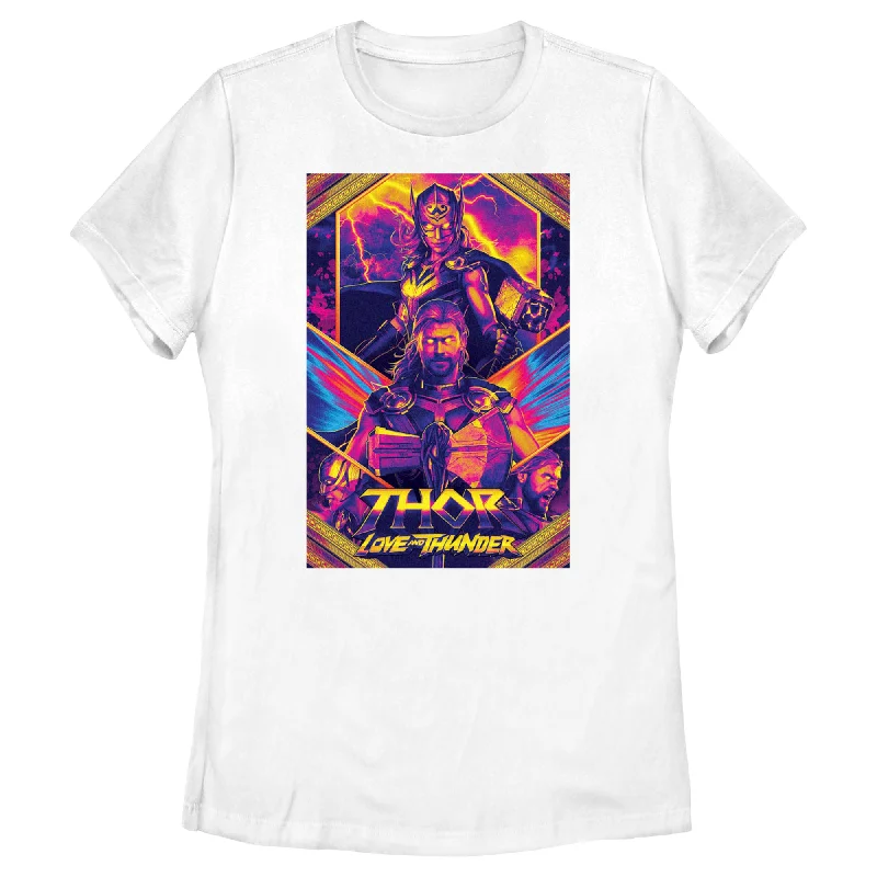 Women's Marvel Thor Love and Thunder Neon Poster T-Shirt-- Notch Collar Peter Pan Collar Cowl Neck