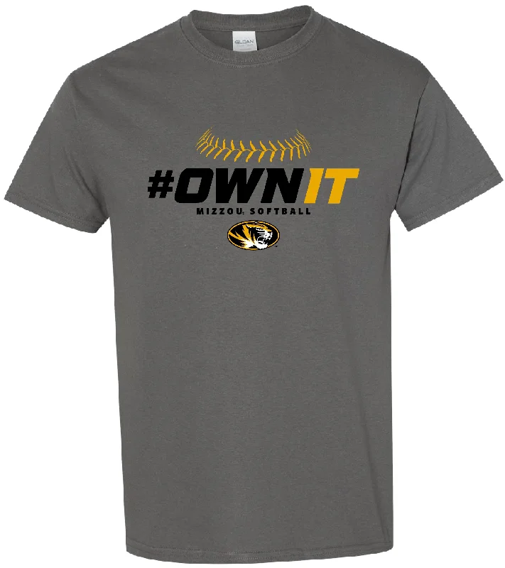 Mizzou Tigers 2024 Softball OWNIT Oval Tiger Head Grey T-Shirt-- Collared Crew Neck Turtle Neck