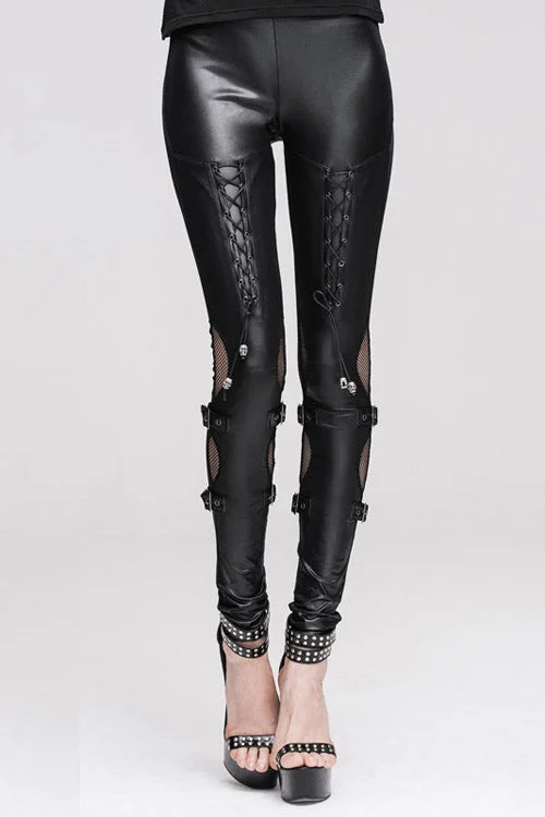 Black Punk Hollow Out Leather Loops Lace Up Leggings Womens Pants Elegant Metallic Leggings