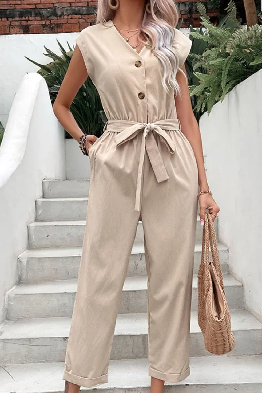 Capped Sleeve Belted V-Neck Jumpsuit Summer beach jumpsuit, Comfortable, Casual, Trendy