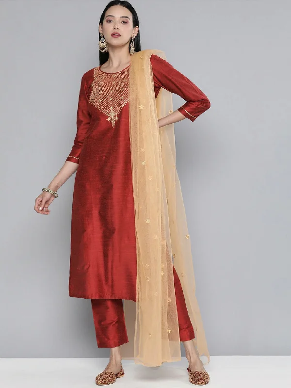 South Cotton Red Kurta Set With Pants and Dupatta For Women Chic Faux Leather Pants