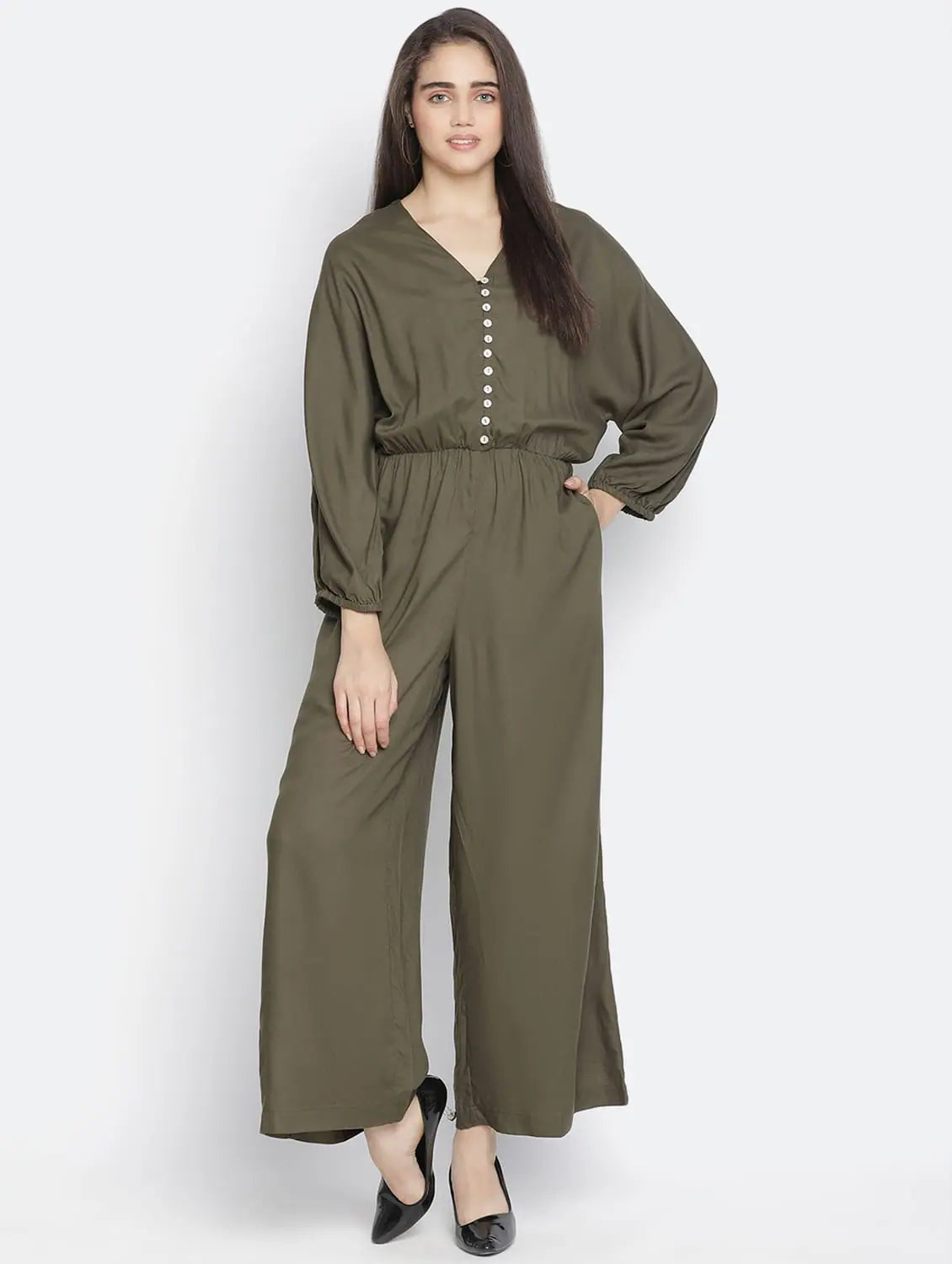 Women Solid Khaki Jumpsuits & Sets Ruffle jumpsuit, Feminine touch, Trendy, Party wear