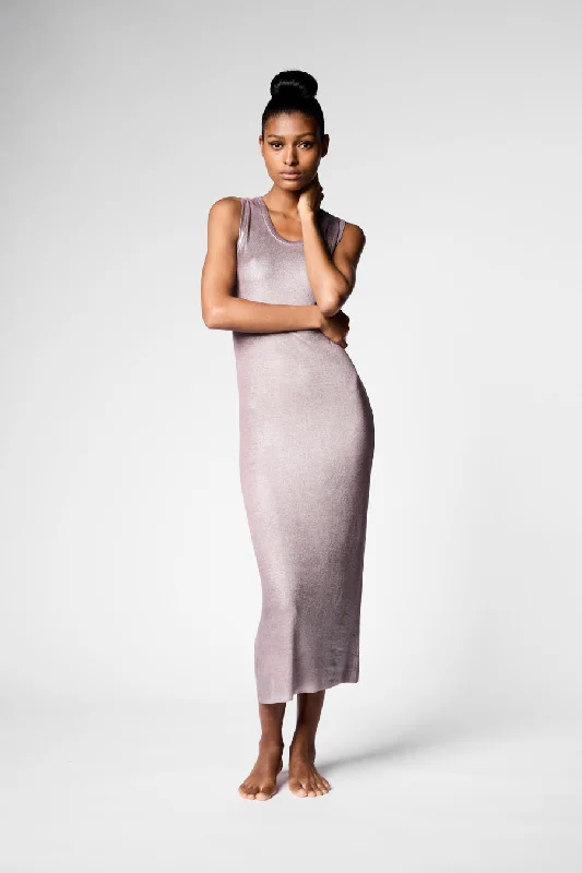 RIBBED ROUND NECK LONG DRESS WITH LAMINATION - LAVENDER Tunics Designer luxury