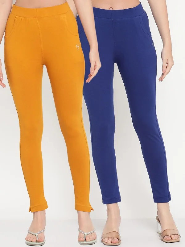 TAG 7 Women Blue & Mustard Yellow Pack of 2 Straight Fit Ankle-Length Leggings Chic Velvet Soft Leggings