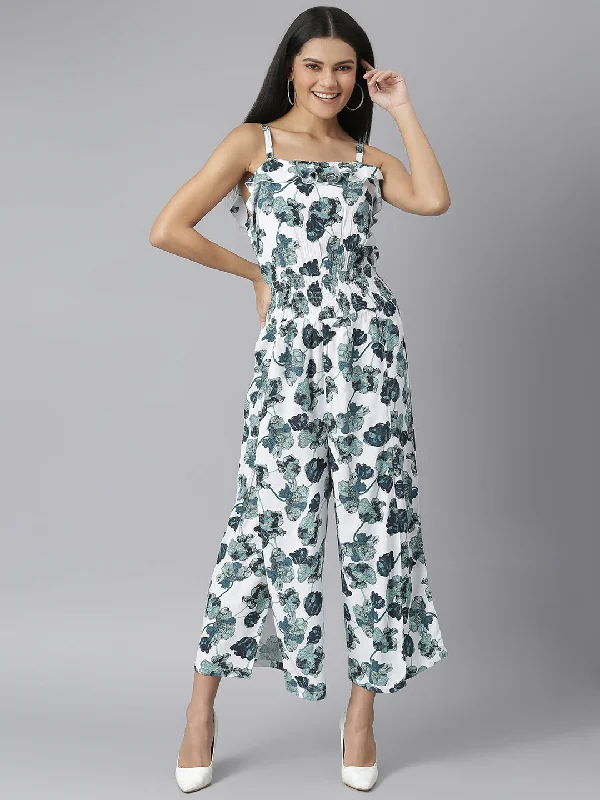 Green & White Polyester Jumpsuit With Slit Pants Formal jumpsuit, Elegant, Trendy, Chic