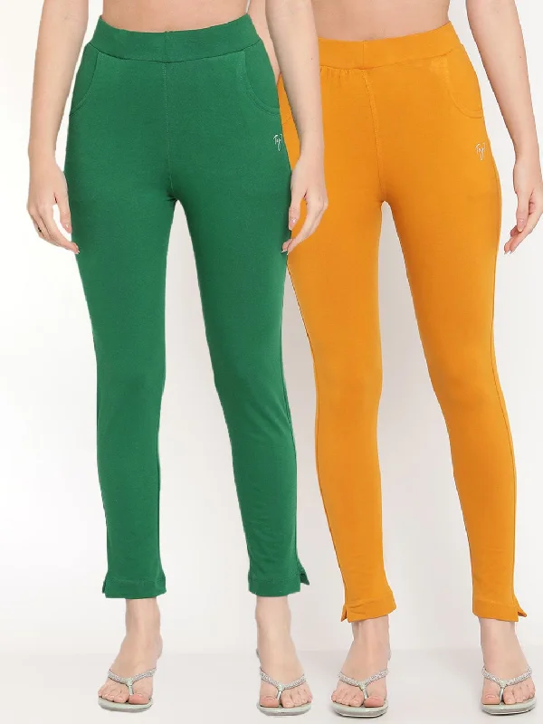 TAG 7 Pack of 2 Green & Mustard Yellow Ankle-Length Leggings Cozy Reflective Detail Leggings