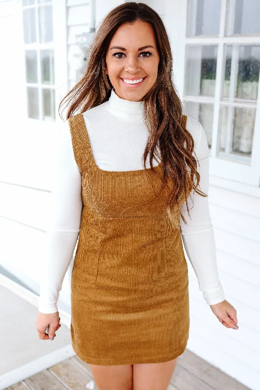 Frankie Corduroy Pinafore Dress - Caramel Halter Neckline Beach