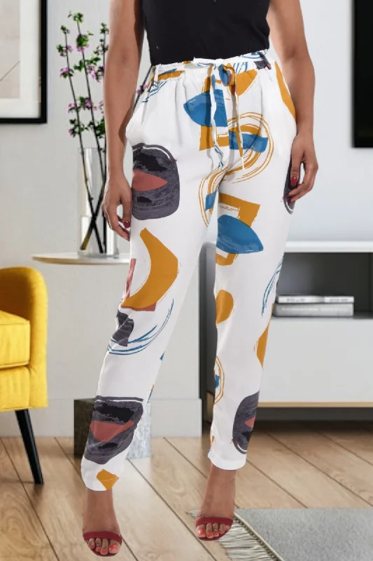 White Multi Print Pocket Pants Classic Cropped Pants