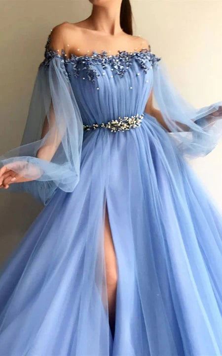 Flowy Off-the-shoulder Puff-long-sleeve Front Split Blue Evening Prom Dress with Beadings Tunics Office stylish