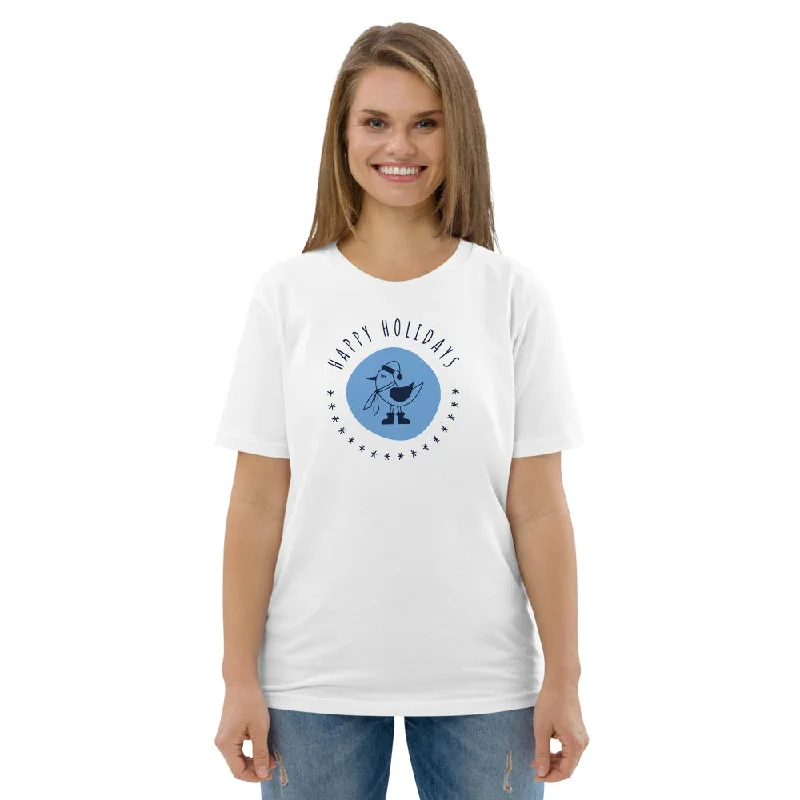 Happy Holiday Tweet Blue Unisex Organic Cotton T-Shirt-- Zippered Buttoned Snapped