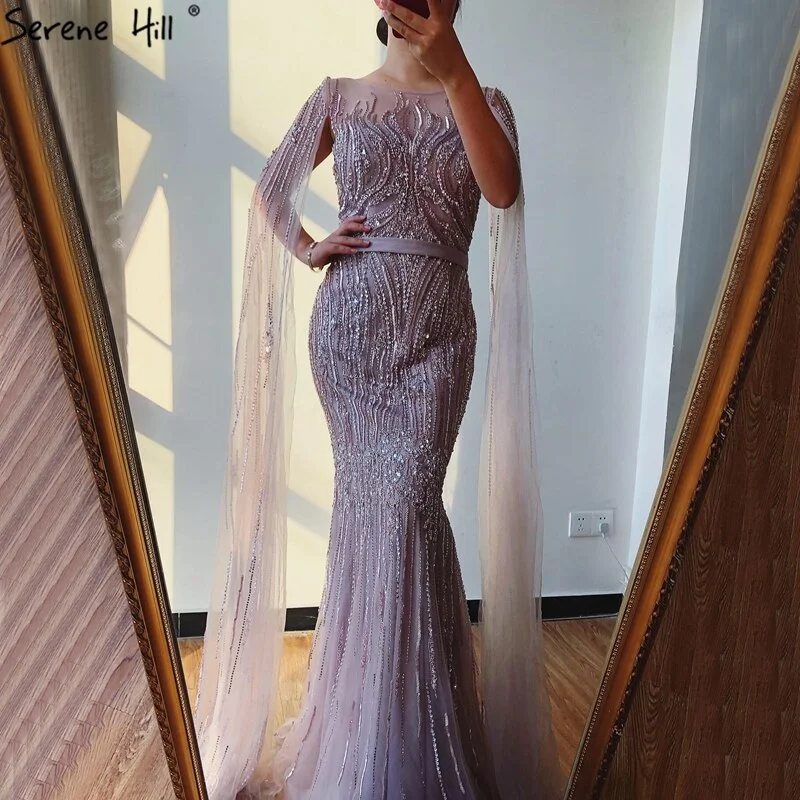 Dubai Pink Luxury Long Sleeves Evening Gowns 2024 Mermaid Sequins Beading Sexy Fromal Dresses Serene Hill LA70160 Tunics Essential wardrobe