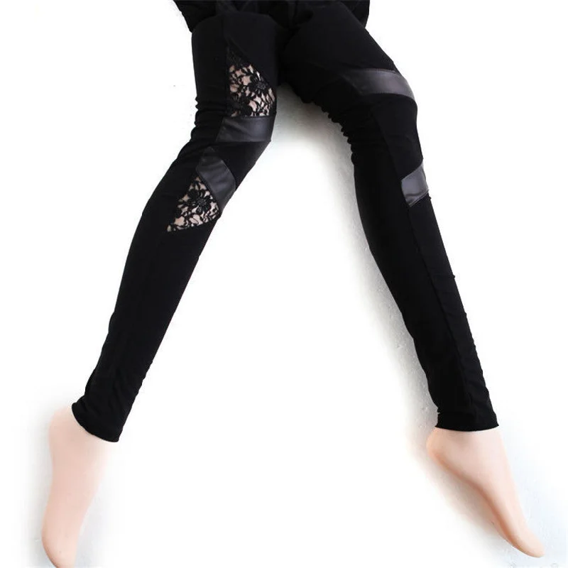 Charming Warm Lace Leggings Skinny Stretch Pants for Autumn Winter Triangular Lace PU Leather Leggings BZ851965 Comfortable Compression Leggings