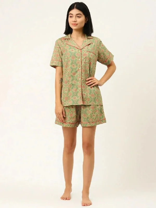 Shirt and Shorts Set in Light Green Print-- Mesh Canvas Denim