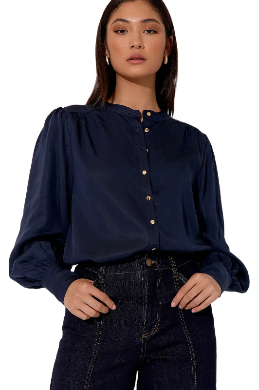 Anya Shirt Navy-- Hooded Caped Shawl Collar