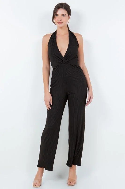 Deep V Halter Pleated Jumpsuit Casual romper jumpsuit, Comfortable, Trendy, Playful