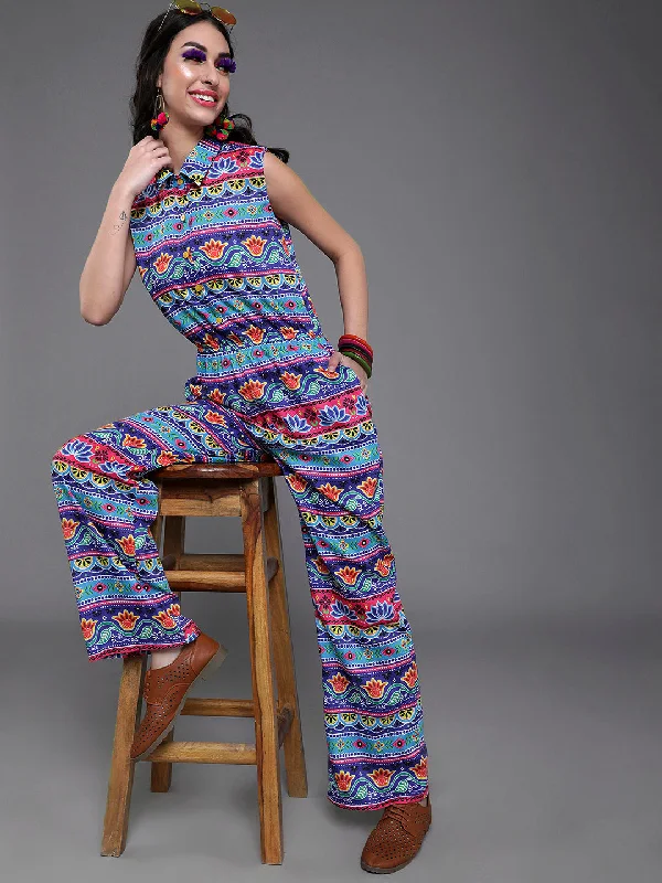 Women's Blue & Pink Floral Print Jumpsuit - Aks V-neck jumpsuit, Flattering, Sexy, Night out