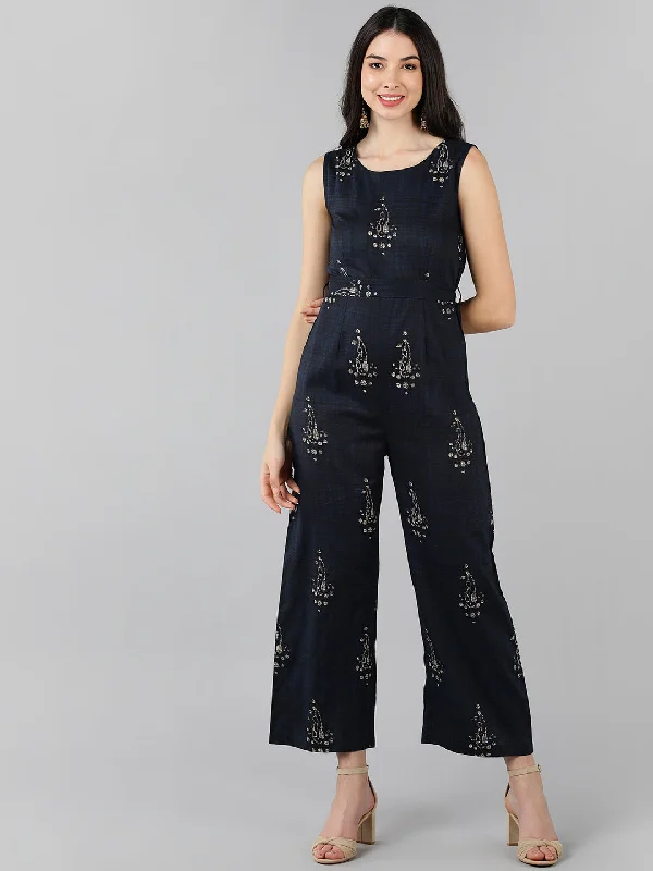 Women's Navy Blue Cotton Printed Jumpsuit - Ahika Plain jumpsuit, Minimalist, Sleek, Stylish