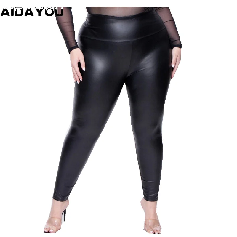 Faux Leather Leggings Plus Size Super Stretchy Spandex Clothing PU Leather Pant Tummy Control Oversized Pants ouc088 Fashionable Stretchy Fit Leggings