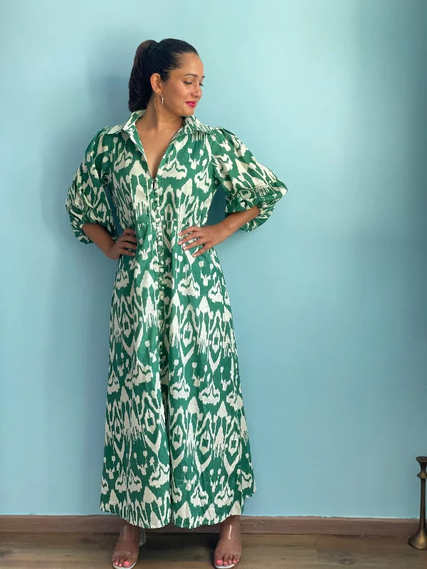 Green Ikat Jumpsuit Wide leg denim jumpsuit, Casual, Comfortable, Trendy