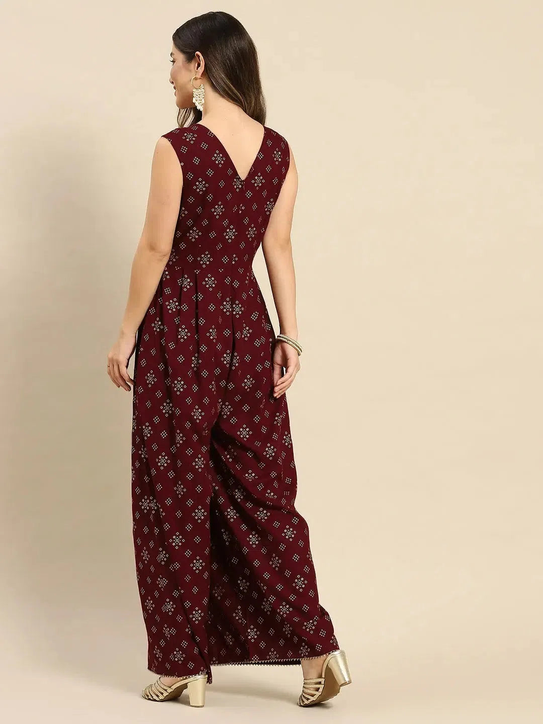 Overlap neck pleated jumpsuit in Wine Color Jumpsuit with pockets, Relaxed fit, Casual wear, Stylish