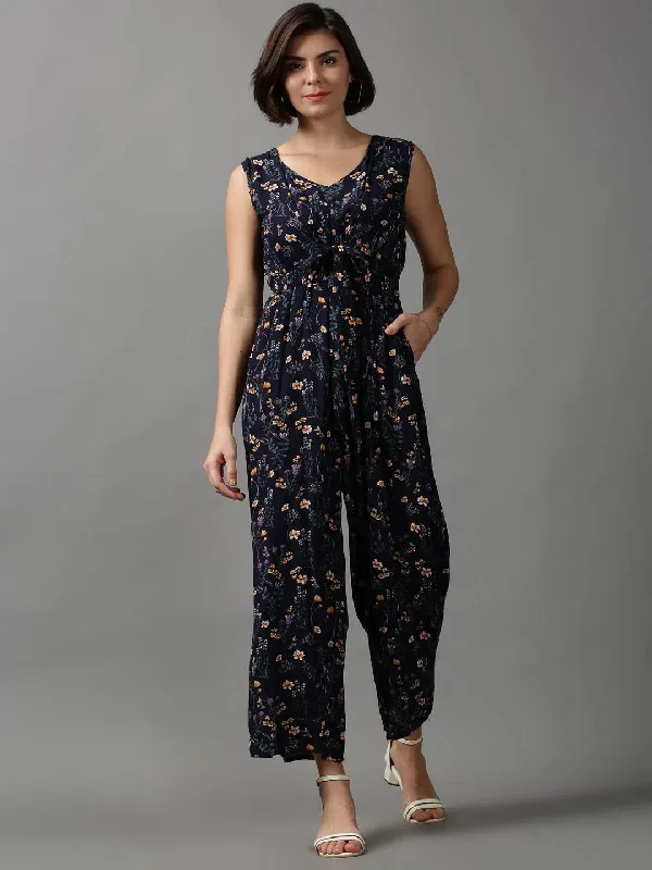 Women's Blue Printed Jumpsuit-AE-15648-Navyblue High-neck jumpsuit, Modest, Elegant, Trendy