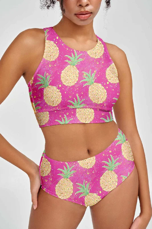 Piña Colada Carly Pink Pineapple High Neck Crop Bikini Top - Women Strapless bikini, Sexy, Chic, Comfortable