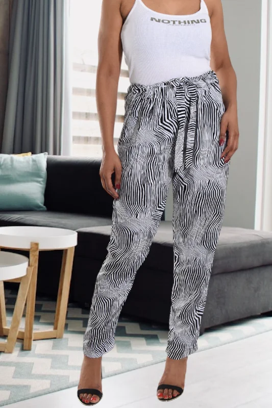 Black And White Printed Pocket Pants Fashionable Button-Up Pants