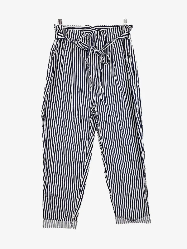 Zara Trendy Navy Striped Gathered Pants Size L Casual Yoga Pants