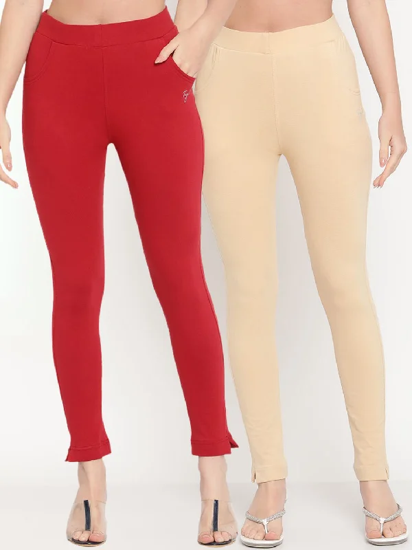 TAG 7 Women Set Of 2 Solid Beige & Red Leggings Comfortable Power Mesh Leggings