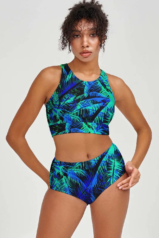 Electric Jungle Carly Navy Green High Neck Crop Bikini Top - Women Tie-dye bikini, Fun, Trendy, Stylish