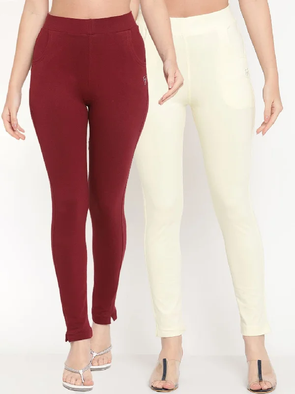 TAG 7 Pack of 2 Cream-Coloured & Maroon Ankle-Length Leggings Trendy Fitness Leggings