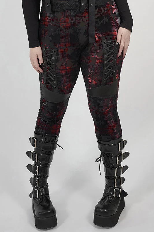 Red Plaid Plus Size Front Splice Imitation Leather Lace-Up Classic Printing Women's Punk Legging Cozy Bootcut Leggings