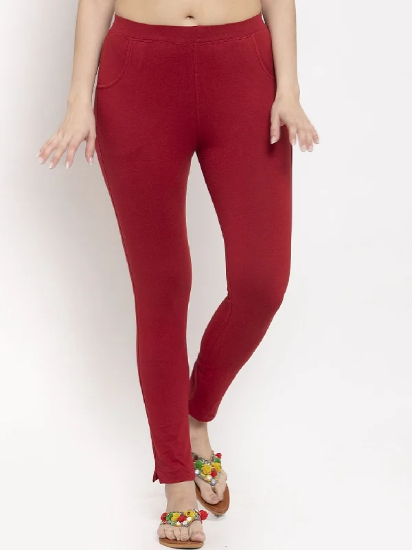 TAG 7 Women Maroon Solid Ankle-Length Leggings Fashionable Ribbed Knit Leggings