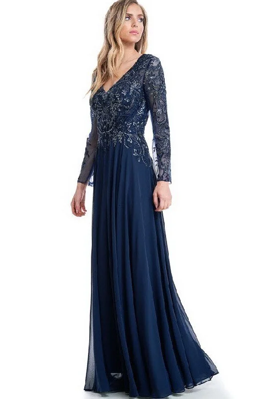 Navy Mother of the Bride dress long sleeves chiffon A-line evening Gown Tunics Fall fleece