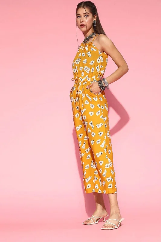 Mustard Polyester Printed Strappy Jumpsuit Back tie jumpsuit, Feminine, Trendy, Stylish