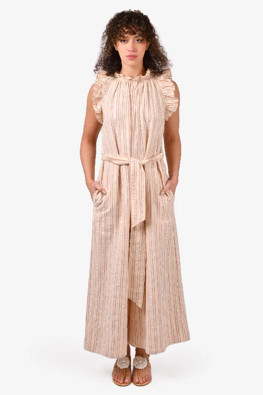 Ulla Johnson Cream/Pink/Gold Cotton Vertical Striped Belted Jumpsuit Size 0 Backless jumpsuit, Sexy, Nightwear, Trendy