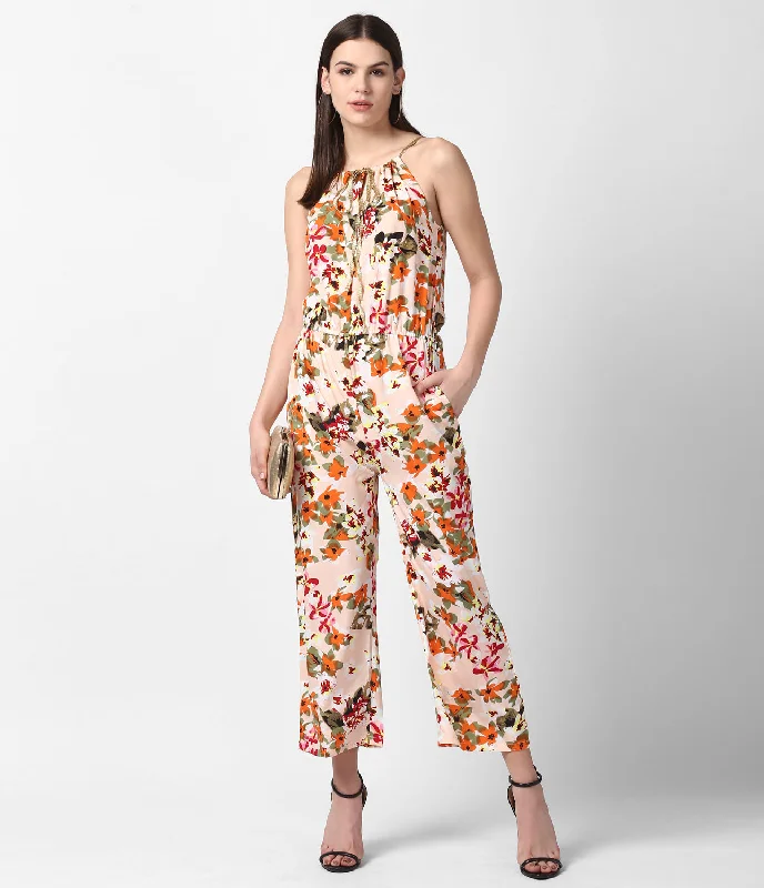 Peach Polyester Floral Printed Jumpsuit Long sleeve jumpsuit, Cozy, Fall collection, Stylish