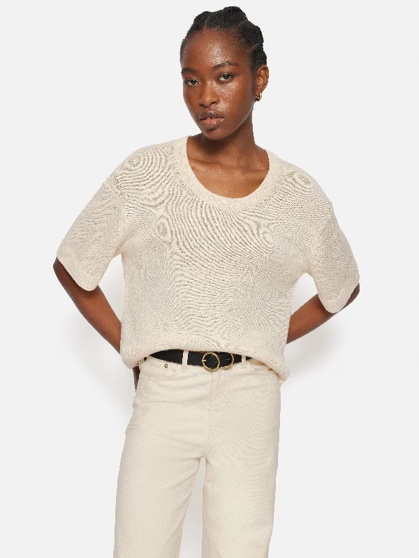 Linen Scoop Neck Knitted T-Shirt | Ivory-- Rayon Fabric Velvet Fabric Corduroy Fabric