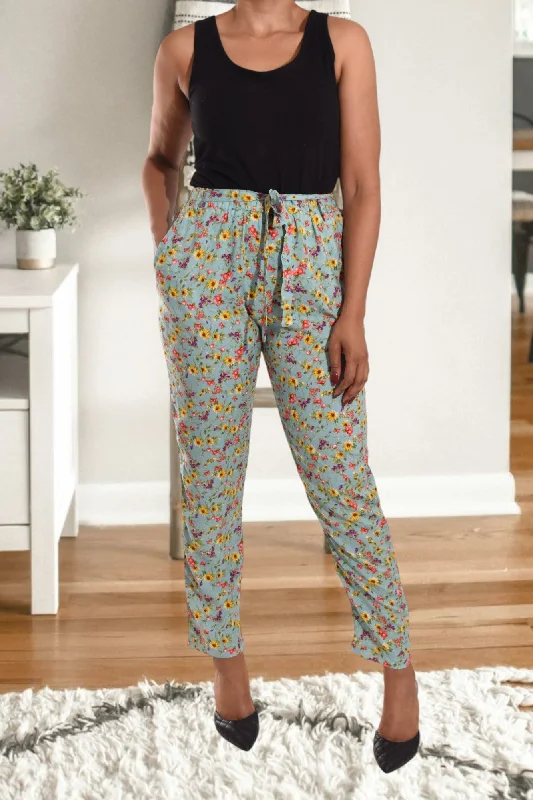 Sage Floral Pocket Pants Comfortable Fleece Pants