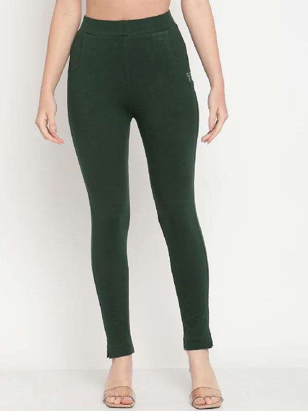 TAG 7 Women Green Solid Ankle Length Leggings Cozy Full-Length Workout Leggings