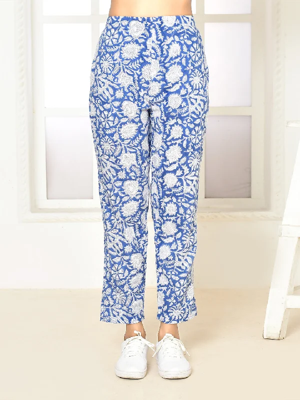 Eiley Blue Pure Cotton Handprinted Pant Only Classic Straight-Leg Pants