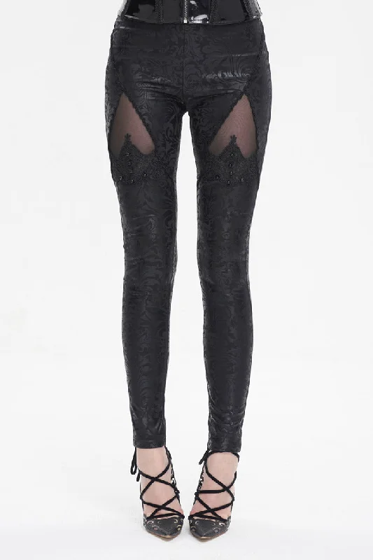 Black Floral Embroidered Mesh Splice Women's Gothic Leggings Elegant Black Leggings