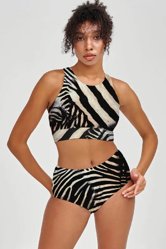 Born to Be Wild Carly Black Zebra Animal Print Crop Bikini Top - Women Plunging neckline bikini, Sexy, Fashionable, Trendy