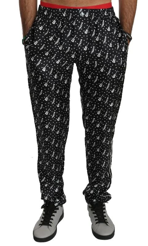 Elegant Black Musical Instrument Print Silk Pants Fashionable Sporty Pants